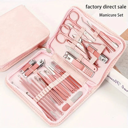 Blushimmer 30-in-1 manicure set includes nail clippers, toenail scissors, and pedicure tools in a red case for women.