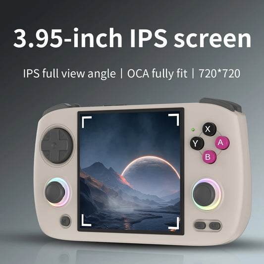 Anbernic RG CUBEXX handheld game console with 3.95-inch IPS screen, Linux system, video output, and ebook reader features.