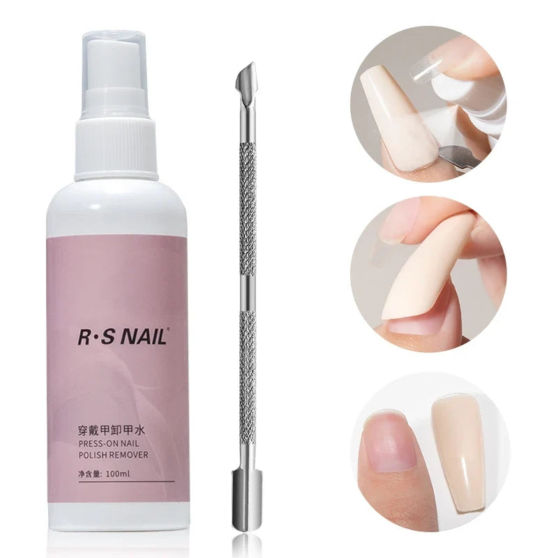 Blushimmer RSNAIL 100ml nail glue remover for press-on and acrylic nails, shown in a clear bottle with applicator brush.