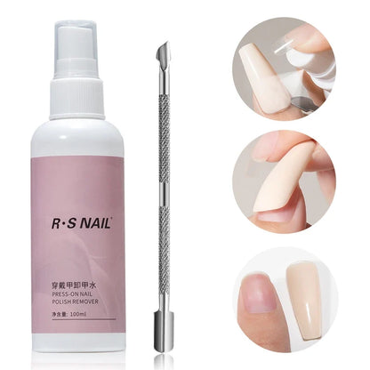 Blushimmer RSNAIL 100ml nail glue remover for press-on and acrylic nails, shown in a clear bottle with applicator brush.