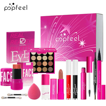 Blushimmer POPFEEL pink makeup set gift box with eyeshadow, blush, and lipstick, ideal for girls' birthdays or special occasions.