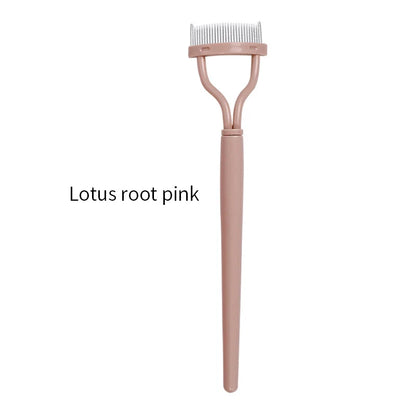 Stainless steel eyelash separator and curler with metal teeth, used for mascara application and eyelash curling.