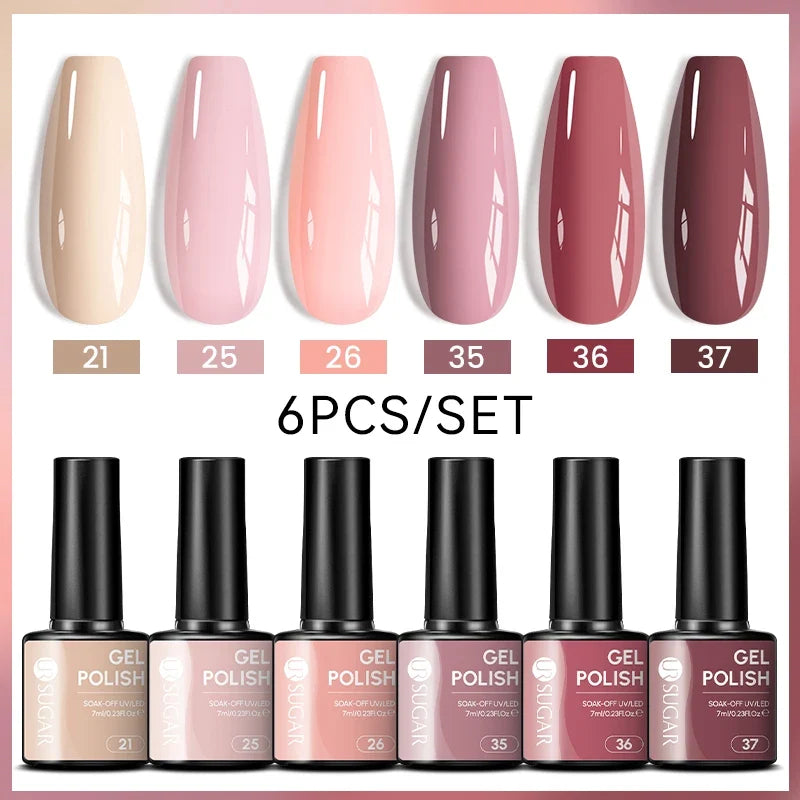 Blushimmer UR SUGAR 7ml gel nail polish set with nude pink red glitter shades for semi-permanent manicure and soak-off UV gel nails