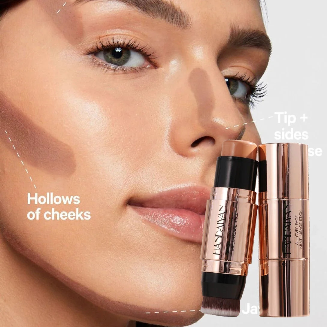 Blushimmer double-head face bronzer contour stick with light and dark shades and brush for facial contouring and brightening.