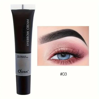 Blushimmer waterproof eyebrow gel cream with semi-permanent tint, shown in a sleek container with a brush applicator.