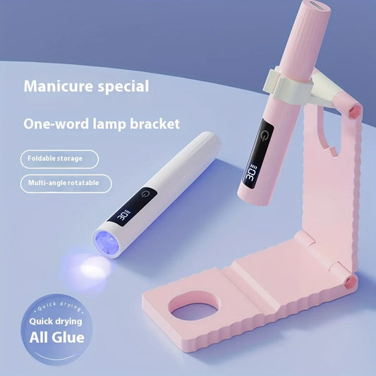 Blushimmer handheld mini LED nail lamp with LCD screen, adjustable levels, stand, designed for gel nail curing.