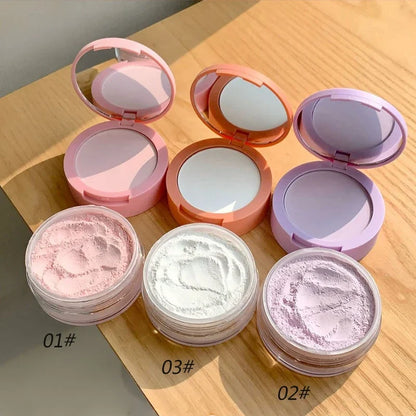 Blushimmer Rose Pink 2-in-1 Loose Setting Powder with lavender purple hue, waterproof, oil control, and transparent pressed concealer