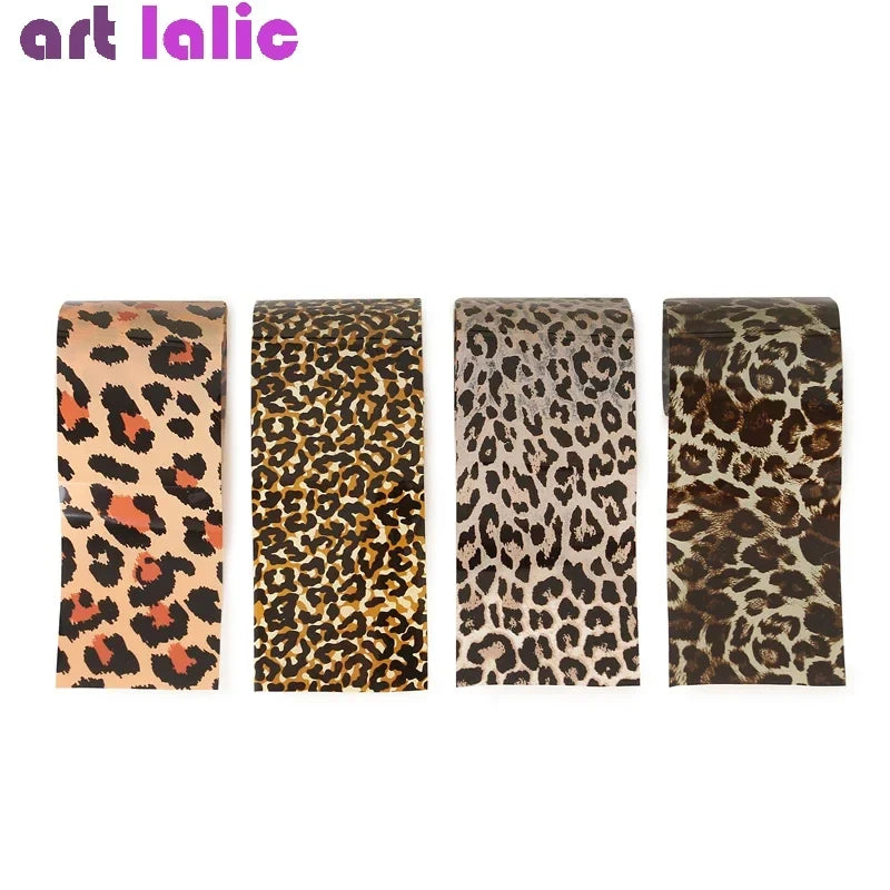Blushimmer leopard print nail foil set with animal transfer paper decals for manicure decoration, featuring four nail art stickers.