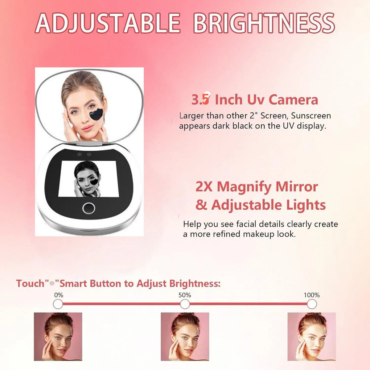 Blushimmer UV mirror sunscreen testing camera with light, 2X magnification, travel-sized pocket mirror for makeup and skincare analysis