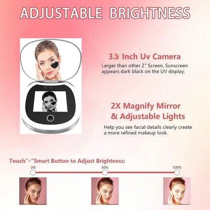 Blushimmer UV mirror sunscreen testing camera with light, 2X magnification, travel-sized pocket mirror for makeup and skincare analysis