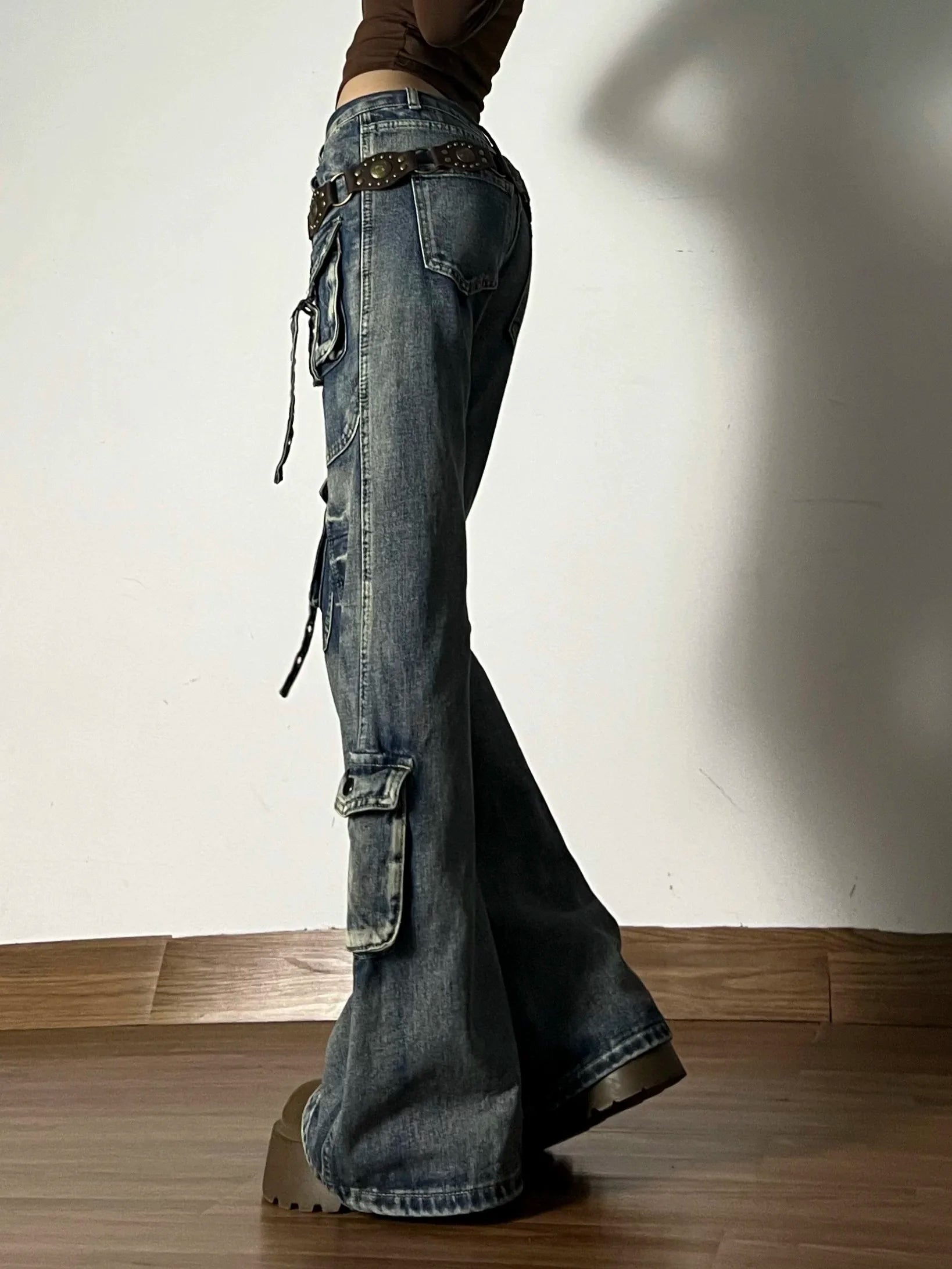 American Vintage Street Style Y2K Jeans Women's High-street Multi-pocket Cargo Flared Floor-grazing Jeans Casual Punk Long Pants