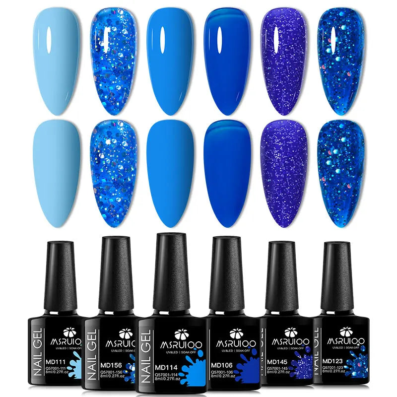 Blushimmer 6-piece nail gel polish set with vibrant semi-permanent UV gel for all-season manicures and DIY nail art.