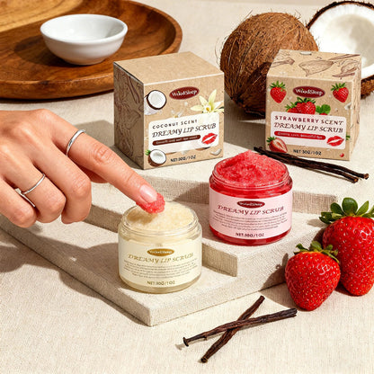 Blushimmer gentle lip exfoliator scrub with moisturizing repair, showing a close-up of lips being gently scrubbed in a natural setting
