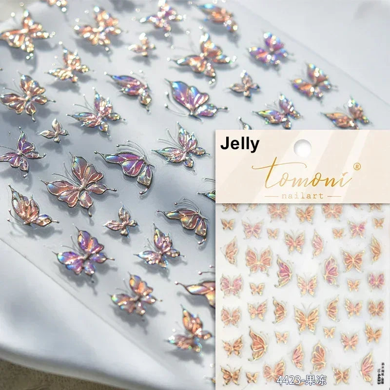 Blushimmer Jelly Butterfly 5D nail art sticker with rhinestones and shiny insect design for DIY manicures and nail decoration.