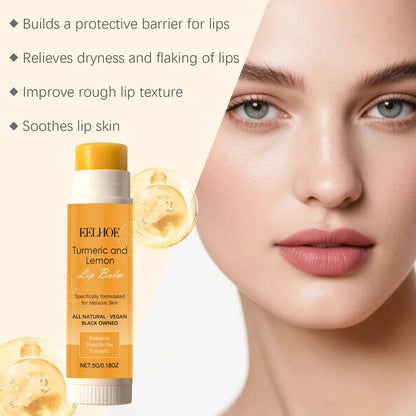 Blushimmer turmeric lemon lip balm with moisturizing, soothing, non-sticky formula for hydrating lip skin care and pre-makeup base.