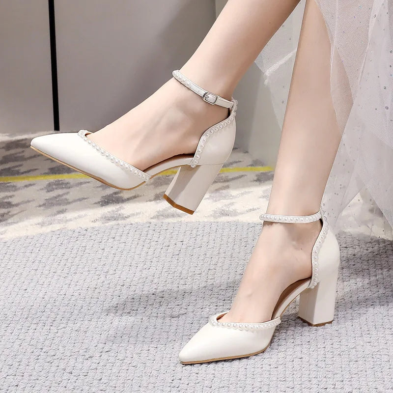 2026 New High Heels Bride Wedding Shoes Women Pumps,Pointed Toe,Side Shallow,V Shape,Pearls Ankle Strap,White,Beige,Dropship