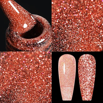 Blushimmer metallic gold mirror effect gel nail polish with French design and flower drawing, UV soak-off gel for professional nails
