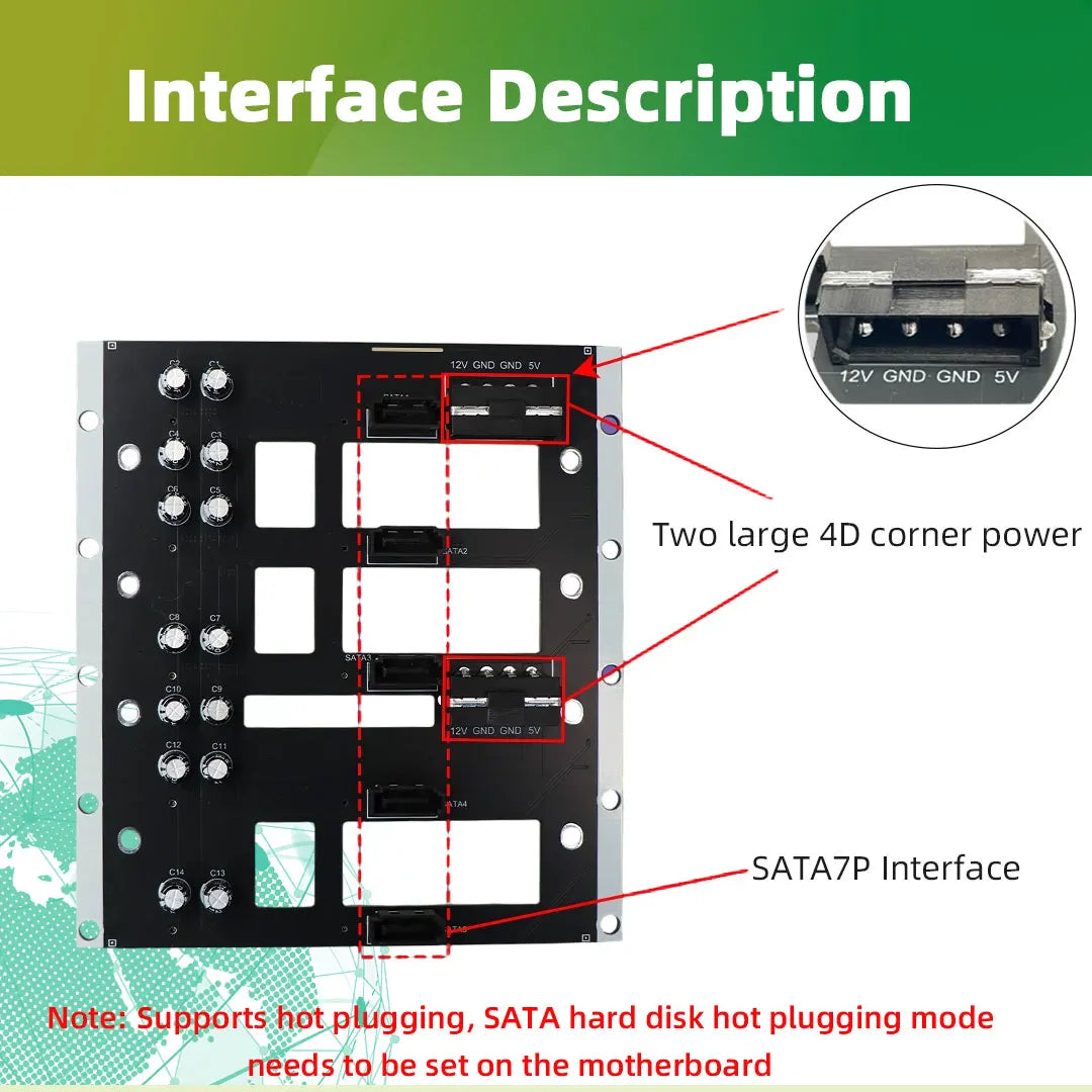 ADT-Link Big 4D Corner Power Supply Five Bay SATA Hard Drive Backplane NAS Chassis Adapter Board 6G/bps Storage Server Backplane