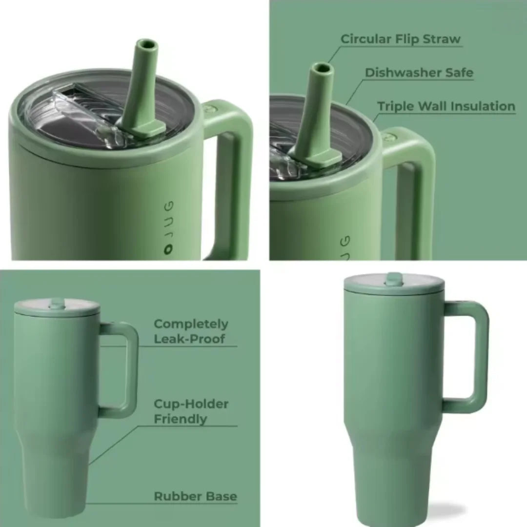 40 oz Traveler Water Bottle with Handle & Flip Straw 304 Stainless Steel Coffee Tumbler Termos Cup for Travel Mug