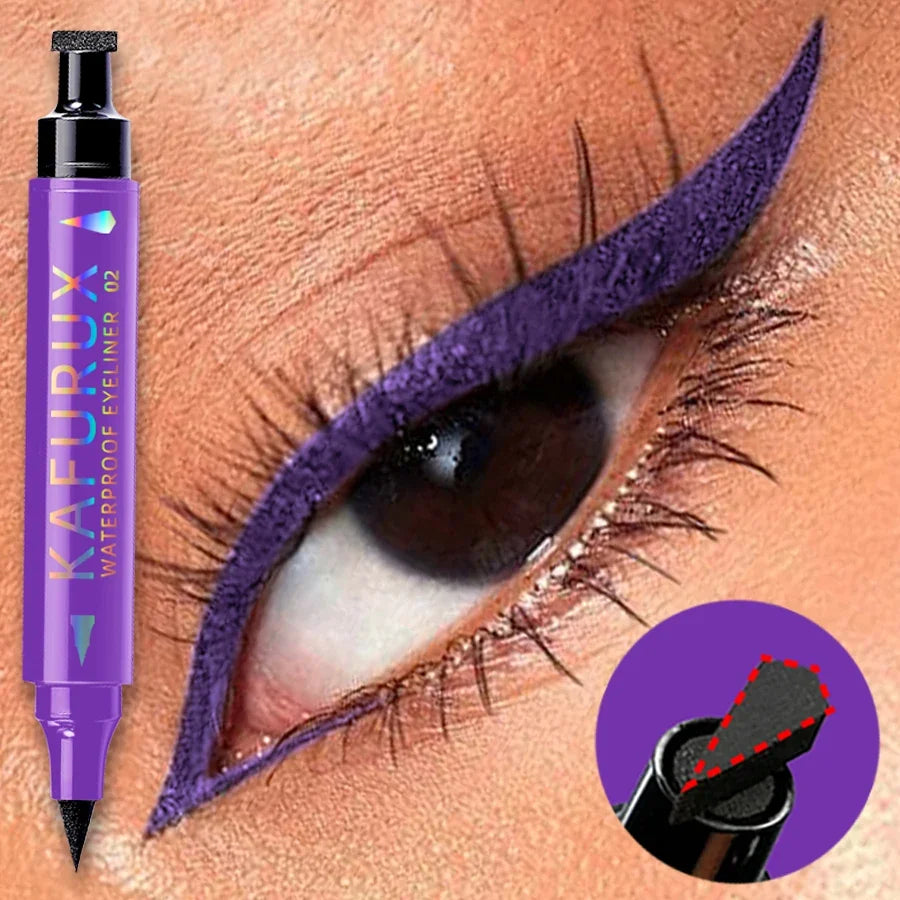 Blushimmer 2-in-1 waterproof liquid and pencil eyeliner pen in black, purple, and blue with 3 color options for Korean makeup style