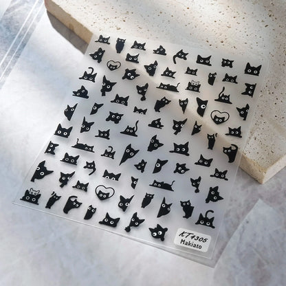 Black cat 3D self-adhesive nail art decals by Blushimmer, featuring cute cartoon animal designs for manicure decorations.