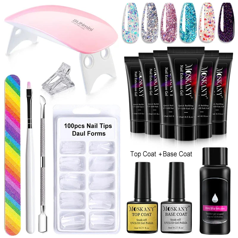 Blushimmer poly nail gel full set with 6W LED lamp, beginner nail tips, 3D design, decoration, and manicure tools kit.