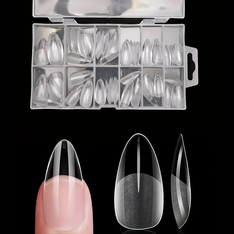 Set of 120 full cover press-on nail tips in stiletto, almond, square, and coffin shapes by Blushimmer, for gel nail extensions.