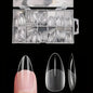 Set of 120 full cover press-on nail tips in stiletto, almond, square, and coffin shapes by Blushimmer, for gel nail extensions.