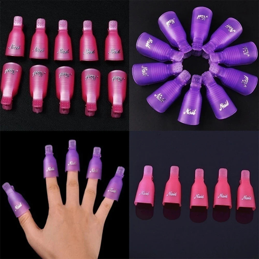 Set of 10 reusable gel nail polish remover cap clips from Blushimmer, designed for finger and toe nail gel removal.