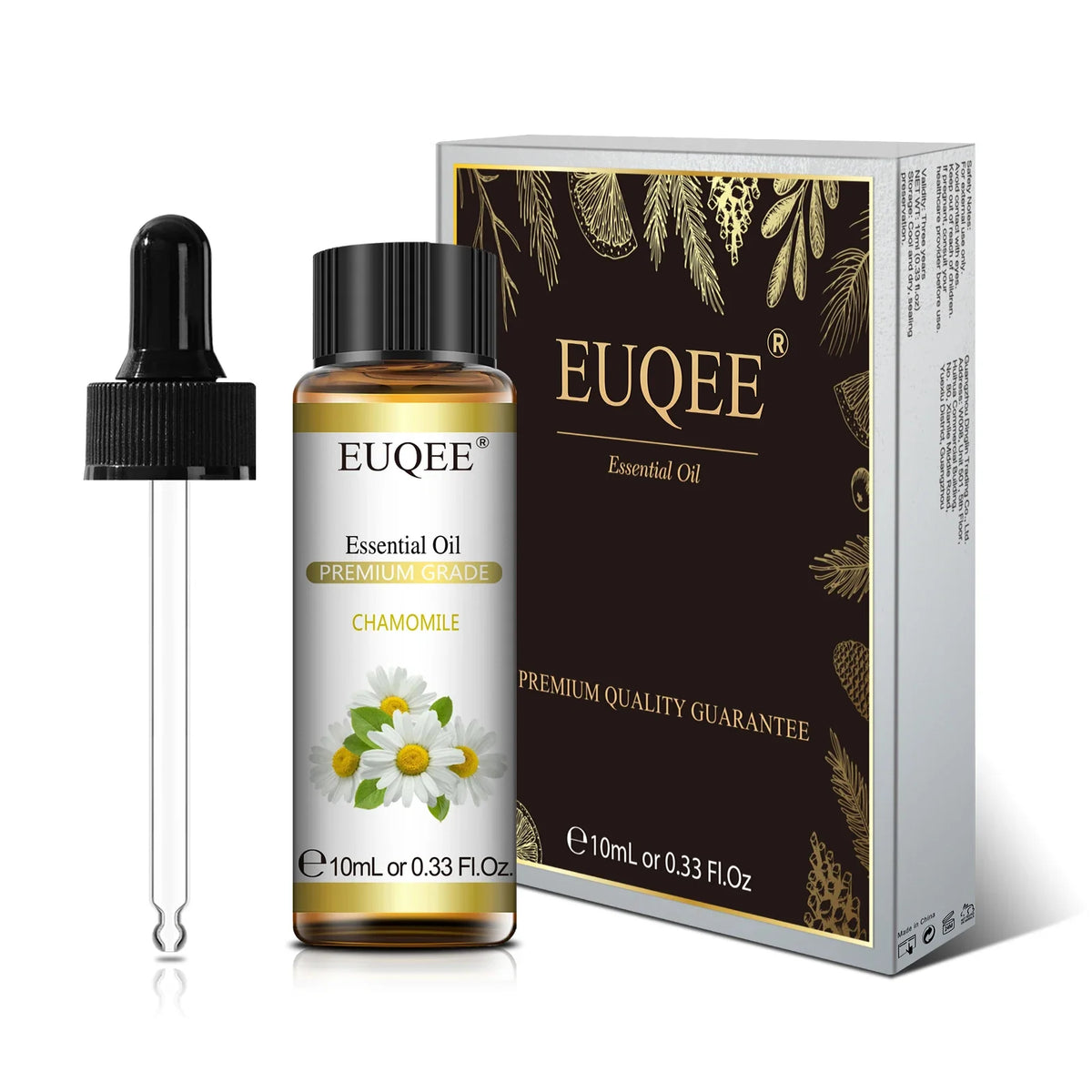 EUQEE brand 10ml natural essential oil set with lavender, jasmine, eucalyptus, vanilla, sandalwood, orange, lemon, oregano, and neroli