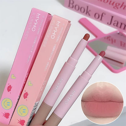 Blushimmer waterproof double-head matte lipstick and lip liner pencil in nude pink and sexy red brown for long-lasting lip color.