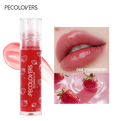 Transparent glass lip gloss by Blushimmer with mirror-like finish and crystal jelly texture, moisturizing and plumping lip makeup.