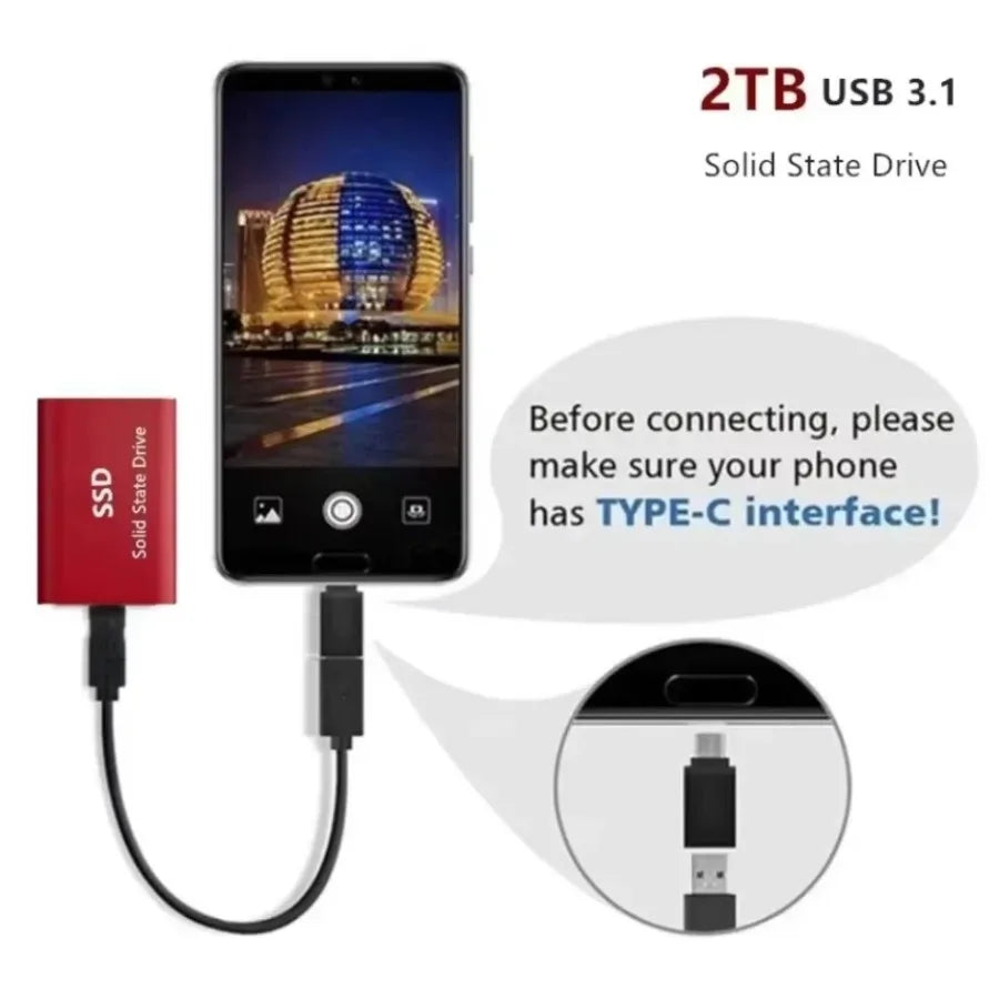 Portable Hard Drive 16TB Solid Disk High Speed External Hard Disk USB 3.1 Type-C Solid State Drive for PC/Phone/Loptop