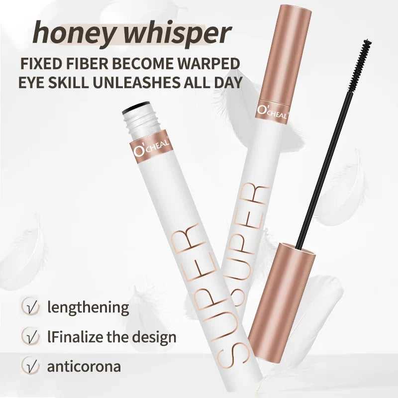 Blushimmer O‘cheal black mascara with 3D silk lash brush, showing thick, curled, lengthened eyelashes on a model's eye.