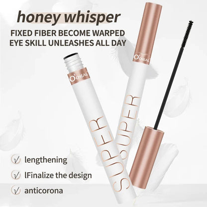 Blushimmer O‘cheal black mascara with 3D silk lash brush, showing thick, curled, lengthened eyelashes on a model's eye.
