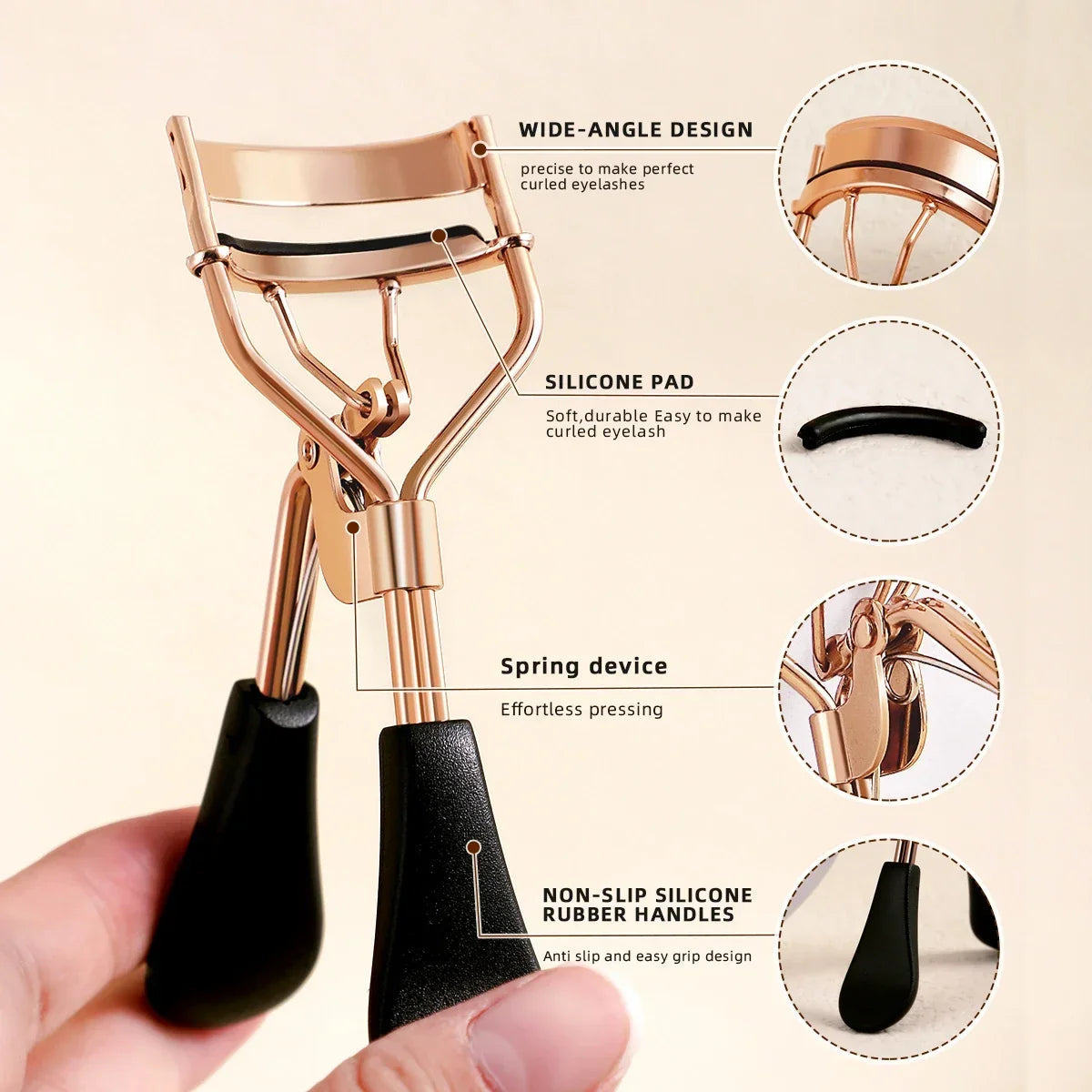 Blushimmer portable eyelash curler with 15 silicone pads and stainless steel construction for eyelash extension and curling.