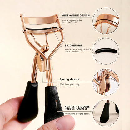 Blushimmer portable eyelash curler with 15 silicone pads and stainless steel construction for eyelash extension and curling.