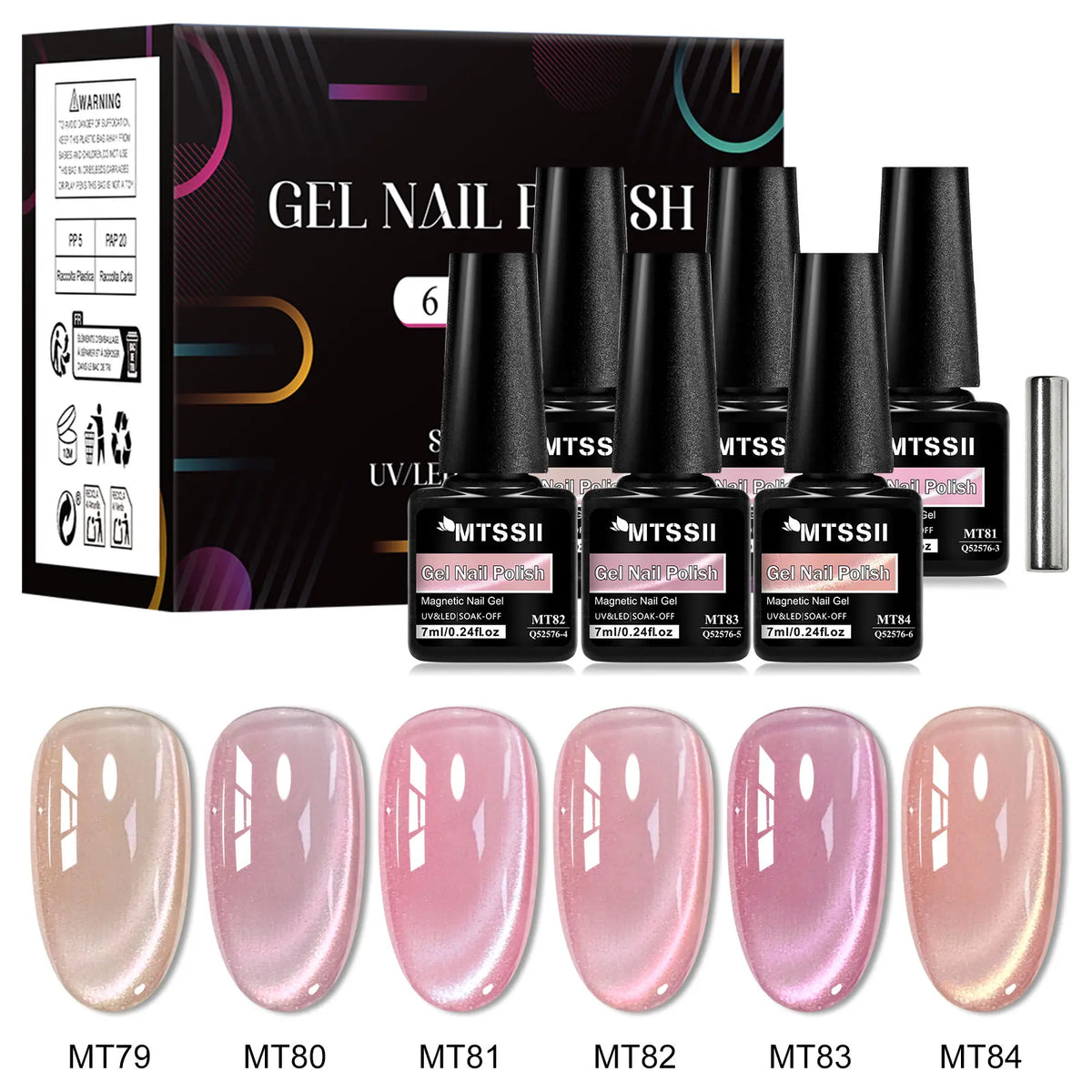 Set of 7 shiny pink magnetic gel nail polishes by Blushimmer with magnetic rods, semi-permanent, soak-off UV gel varnish for nails.