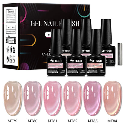 Set of 7 shiny pink magnetic gel nail polishes by Blushimmer with magnetic rods, semi-permanent, soak-off UV gel varnish for nails.