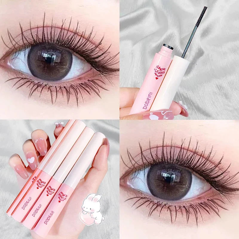 Blushimmer waterproof brown-black mascara with ultra-fine brush, silk fibers, lengthens, curls, and dries quickly for a matte finish.