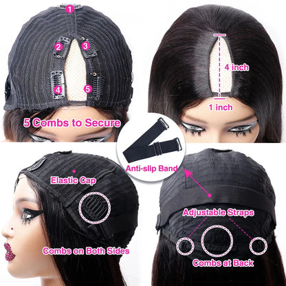 Glueless Body Wave V Part human hair wig in natural color, 30-32 inch, 200 density, ready to wear for women.