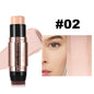 Blushimmer double-head face bronzer and contour stick with brush for makeup, highlighting light and dark shades for facial contouring.