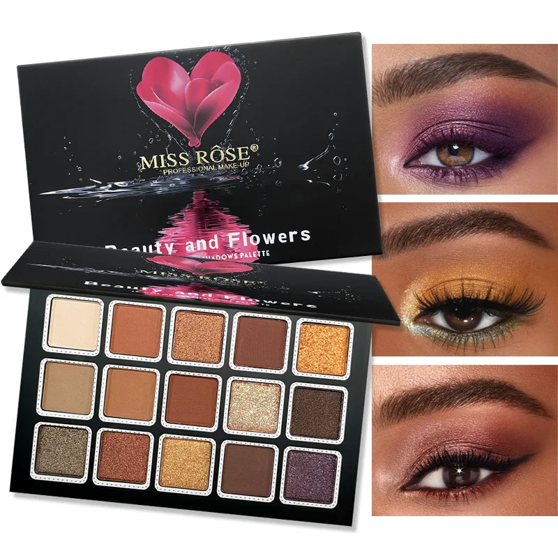 Blushimmer 15-color glitter eyeshadow palette with matte and waterproof pressed powders for long-lasting eye makeup looks.