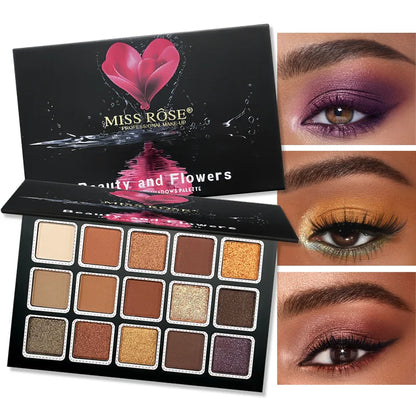 Blushimmer 15-color glitter eyeshadow palette with matte and waterproof pressed powders for long-lasting eye makeup looks.
