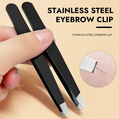 Black stainless steel eyebrow tweezer by Blushimmer with slant and flat point tips for precise eyebrow shaping and ingrown hair removal.
