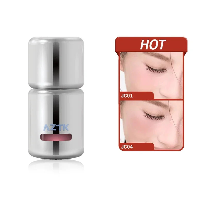 Blushimmer AZTK liquid blush in purple shade, featuring a matte, contoured, brightening formula for cheeks in a sleek bottle.