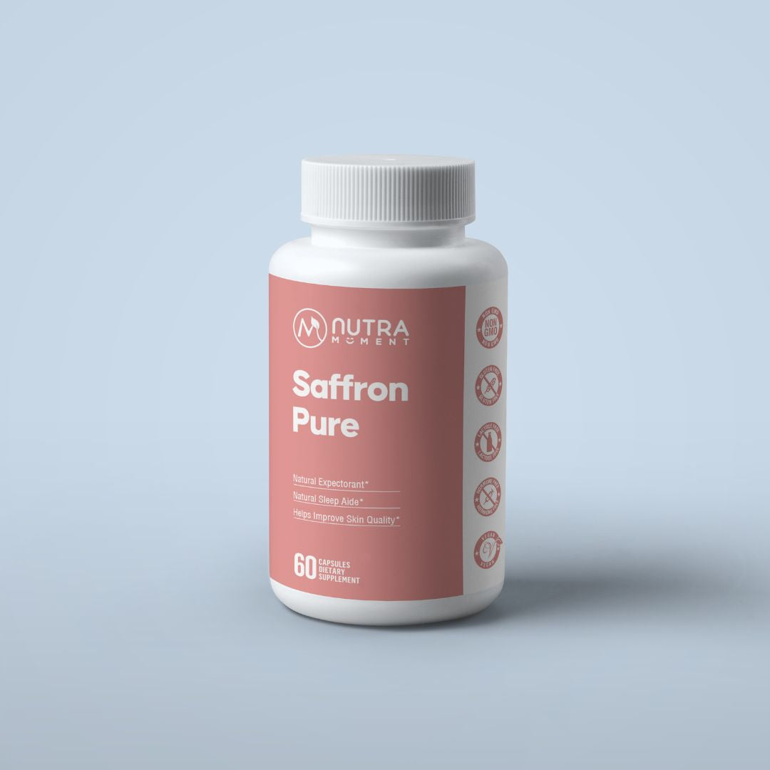 Organic saffron threads from Nutra Moment for health and beauty, shown in a clear glass jar with saffron strands inside.