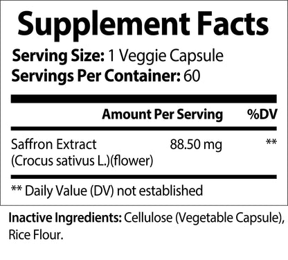 Nutra Moment Saffron Pure supplement facts label, showing ingredients and nutritional information for health and beauty use.
