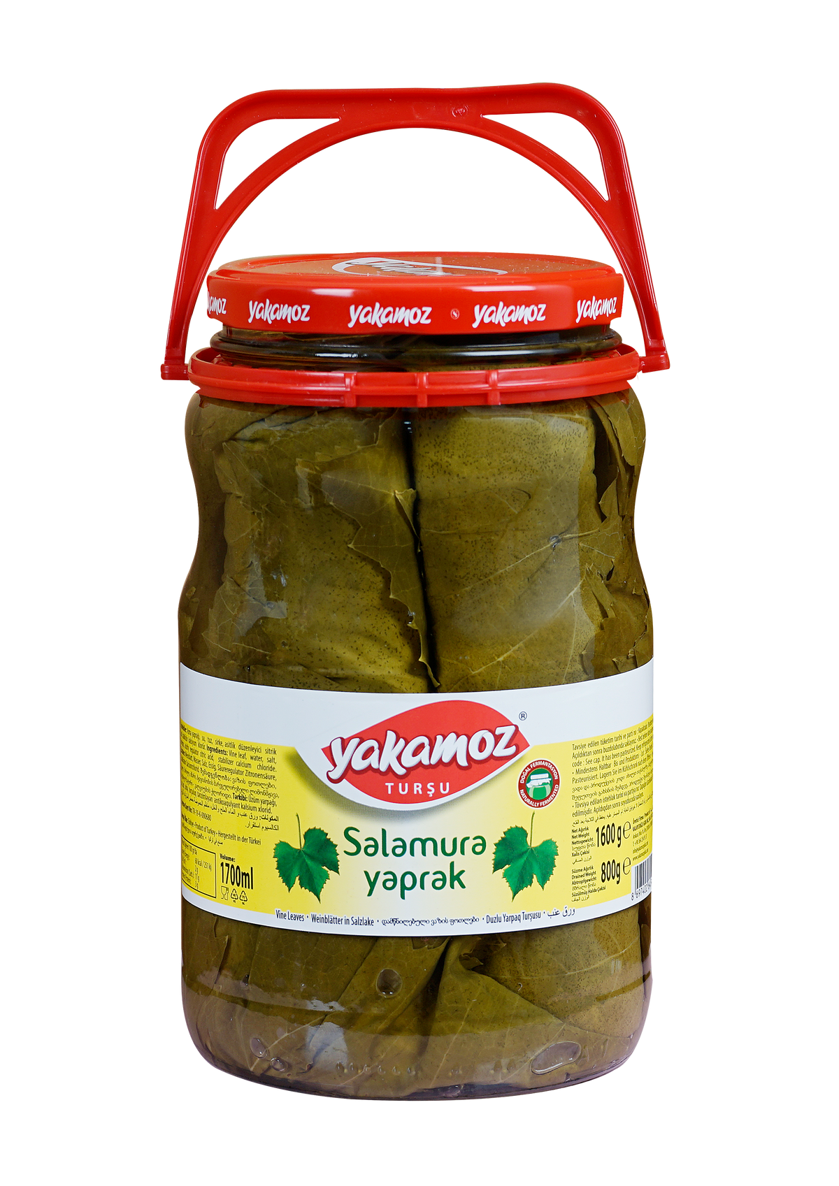 S101 Yakamoz Grape Leaves 1600G jar, preserved in glass, used for cooking and stuffing in Mediterranean cuisine.
