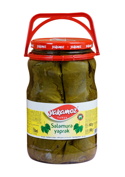 S101 Yakamoz Grape Leaves 1600G jar, preserved in glass, used for cooking and stuffing in Mediterranean cuisine.